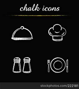 Restaurant kitchen items chalk icons set. Salt and pepper shakers, chef's hat, covered dish, fork, plate and table knife. Isolated vector chalkboard illustrations. Restaurant kitchen items chalk icons set