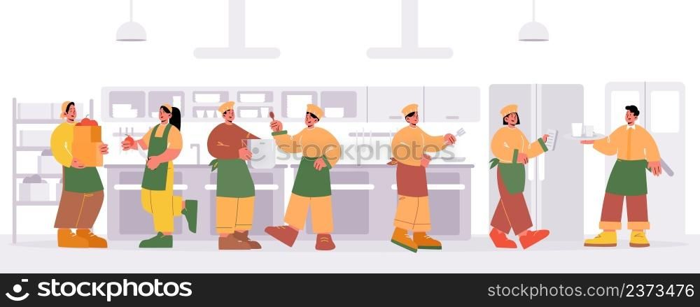 Restaurant kitchen with chef, workers and waiter. Vector flat illustration of cafe or cafeteria cuisine with professional staff, men and women cooks with cooker pot, pan, knife and menu. Restaurant kitchen with chef, workers and waiter