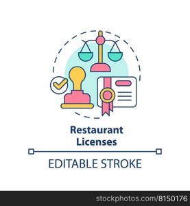 Restaurant licenses concept icon. Opening foodservice establishment step abstract idea thin line illustration. Isolated outline drawing. Editable stroke. Arial, Myriad Pro-Bold fonts used. Restaurant licenses concept icon