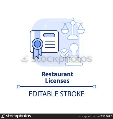 Restaurant licenses light blue concept icon. Opening food service establishment step abstract idea thin line illustration. Isolated outline drawing. Editable stroke. Arial, Myriad Pro-Bold fonts used. Restaurant licenses light blue concept icon