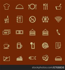 Restaurant line color icons on brown background, stock vector