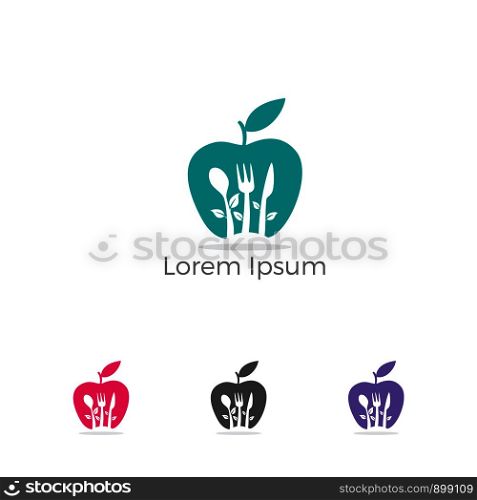 Restaurant Logo, baby food, health care and organic Food Industry, takeaway vector icon, spoons in apple baking. herbal diet food heart illustration.