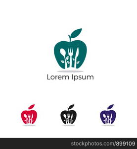 Restaurant Logo, baby food, health care and organic Food Industry, takeaway vector icon, spoons in apple baking. herbal diet food heart illustration.