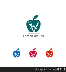 Restaurant Logo, baby food, health care and organic Food Industry, takeaway vector icon, spoons in apple baking. herbal diet food heart illustration.
