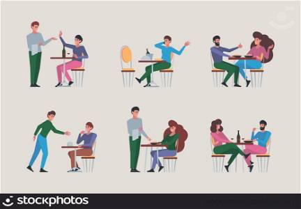Restaurant meeting. People have a rest in club eating and drinking liquids beverage foods water and alcohol garish vector cartoon background. Illustration of restaurant meeting drink and eating. Restaurant meeting. People have a rest in club eating and drinking liquids beverage foods water and alcohol garish vector cartoon background