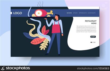 Restaurant menu cuisine and culinary web page template vector man in apron with pig leg on tray recipes cafe delivery service online Internet online table booking or cook or chef master class.. Cuisine and culinary web page template restaurant menu