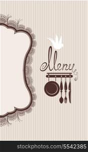 Restaurant menu design with lace table napkin and hand drawn text on stripe background.