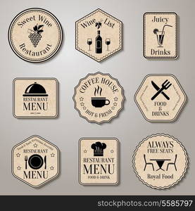 Restaurant menu food and drinks wine list labels set isolated vector illustration