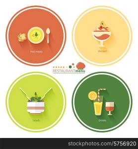 Restaurant menu in flat design. Set of food menu icons hot meals, dessert, salads and drinks