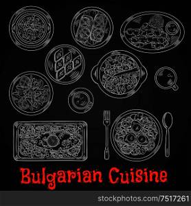 Restaurant menu of bulgarian cuisine chalk sketches on blackboard with grilled meat on skewers served with tomato sauce, baked carp, fried eggplants, topped with tomatoes, spicy bean stew, vegetable egg salads and walnut baklava with hot drinks. Traditional bulgarian cuisine chalk sketches