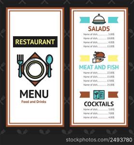 Restaurant menu template with salads meat fish dishes and cocktails vector illustration. Restaurant Menu Template