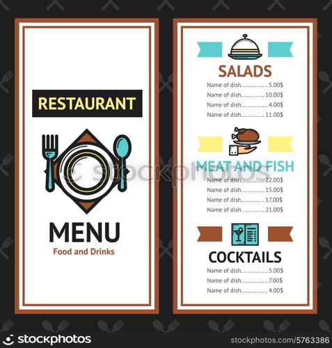 Restaurant menu template with salads meat fish dishes and cocktails vector illustration. Restaurant Menu Template