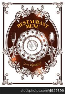 Restaurant Menu Vintage Cover . Restaurant menu hand drawn vintage cover with elements of serving and wishes for good appetite vector illustration