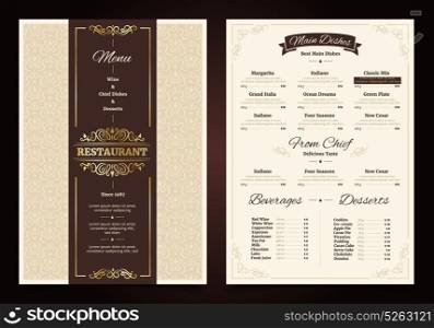 Restaurant Menu Vintage Design. Restaurant menu vintage design with ornate frame and ribbon chef dishes beverages and desserts isolated vector illustration
