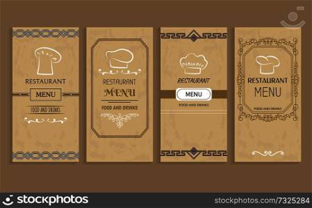 Restaurant menu with drinks and food templates. Menu of vintage design with chef hat logo. Prestigious restaurant menus covers vector illustrations.. Restaurant Menu with Drinks and Food Templates