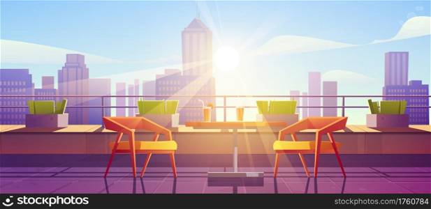 Restaurant on terrace on rooftop with city view. Empty patio on roof or balcony with cafe furniture, table, chairs and plants at sunny day. Vector cartoon illustration of house terrace in town. Restaurant on terrace on rooftop with city view