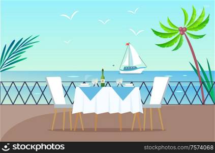 Restaurant on wooden pier vector, served table by seaside. Ship on sea, palm trees tropical atmosphere, empty bowls on desk and bottle of champagne. Restaurant on Wooden Pier Served Table and Seaside
