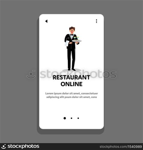 Restaurant Online Service Delivery Drinks Vector. Butler Holding Tray With Cocktail Glasses And Towel, Client Restaurant Online Order. Character Cafe Worker Web Flat Cartoon Illustration. Restaurant Online Service Delivery Drinks Vector