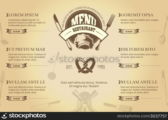 Restaurant or cafe menu brochure vector template. Restaurant or cafe menu brochure vector template. Vintage creative design for restaurant menu with chef hat, fork and knife