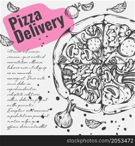 Restaurant or cafe, pizzeria delivery of pizza. Menu or offer from bistro, fast food ordering online, fresh meal. Promotional banner or poster with discounts and dishes. Vector in flat style. Pizza delivery, menu of pizzeria or restaurant