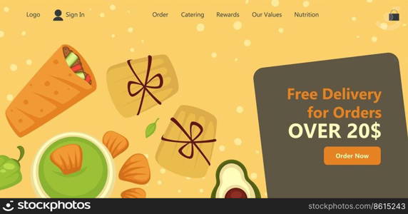 Restaurant or cafe proposal, buying and ordering food from store with free delivery. Burrito mexican cuisine, pepper and fresh avocado. Website online landing page template, vector in flat style. Free delivery for orders over 20 dollars, website