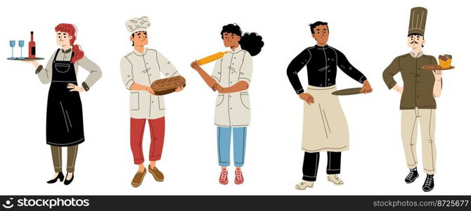 Restaurant or cafe staff with chef, kitchen workers and waitress. Diverse men and women in apron, chief hat and uniform with bread, tray with wine and dish, vector hand drawn illustration. Restaurant staff with chef, kitchen workers
