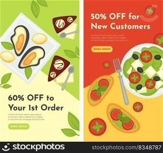 Restaurant or cafe website with information of dishes and discounted price. Sale and offers for special clients and customers. Oyster and greek salad with leaves and tomatoes. Vector in flat style. Discounts for new customers, restaurant or cafe