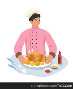 Restaurant or diner chef with prepared food, isolated professional cook with baked chicken served with fruits on plate. Sauce mustard and ketchup for poultry meat tasting. Vector in flat style. Cook serving baked chicken with fruits vector