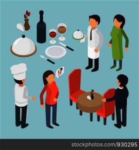 Restaurant people isometric. Cafe person event luxury lifestyle waiter food 3d vector pictures. Illustration of restaurant waiter, isometric people waitress and chef. Restaurant people isometric. Cafe person event luxury lifestyle waiter food 3d vector pictures