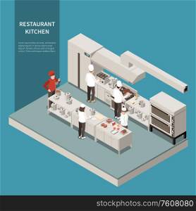 Restaurant professional kitchen isometric composition with industrial range electric grill oven refrigerator food cooking staff vector illustration