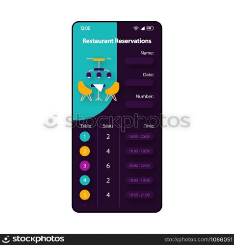 Restaurant reservations smartphone interface vector template. Mobile app page turquoise and purple design layout. Table reserve screen. Flat UI for application. Meal planning. Phone display