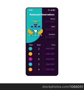 Restaurant reservations smartphone interface vector template. Mobile app page turquoise and purple design layout. Table reserve screen. Flat UI for application. Meal planning. Phone display