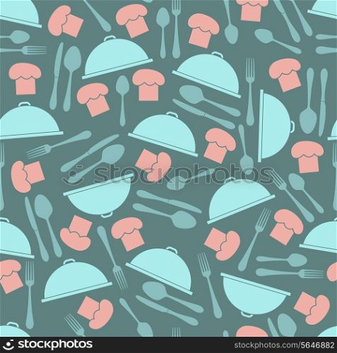 Restaurant seamless pattern with kitchen utensil chef hat and cloche vector illustration