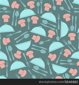 Restaurant seamless pattern with kitchen utensil chef hat and cloche vector illustration