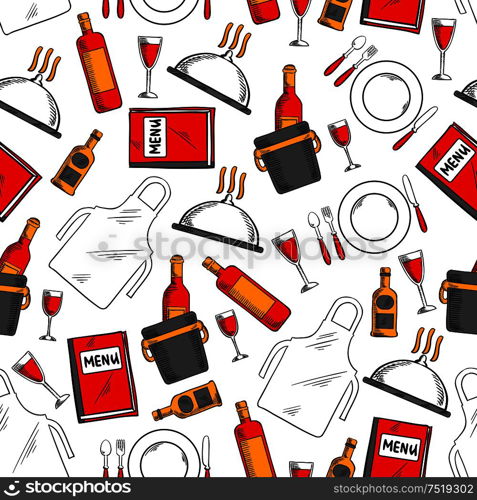 Restaurant service seamless pattern with menu book, tray with bottle and glass of wine, ice bucket with champagne, whisky, dinner plate with fork, knife and spoon, waiter apron. Restaurant service seamless pattern background