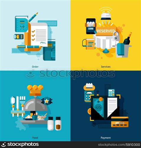 Restaurant services design concept set with food order and payment flat icons isolated vector illustration. Restaurant Services Set