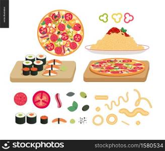 Restaurant set - a set of various dishes - pizza, pasta bolognese, sushi. Italian restaurant set