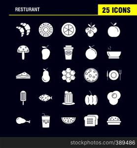 Restaurant Solid Glyph Icons Set For Infographics, Mobile UX/UI Kit And Print Design. Include: Grapes, Food, Meal, Fruits, Tea Cake, Food, Meal, Eps 10 - Vector