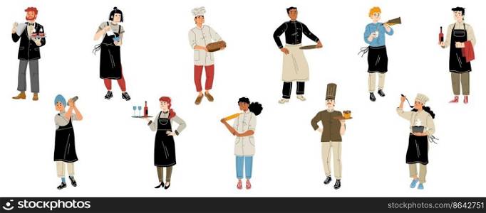 Restaurant staff, employees team chef, waiter, baker and barista diverse multiracial characters wear uniform with trays and meals isolated on white background, Cartoon linear flat vector illustration. Restaurant staff, employees chef, waiter, baker