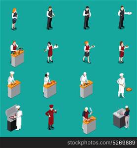Restaurant Staff Isometric Set. Isometric set with restaurant staff including administrator chef cooks waiters dishwasher on green background isolated vector illustration