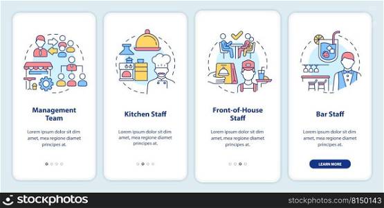Restaurant staff onboarding mobile app screen. Management and kitchen walkthrough 4 steps editable graphic instructions with linear concepts. UI, UX, GUI template. Myriad Pro-Bold, Regular fonts used. Restaurant staff onboarding mobile app screen