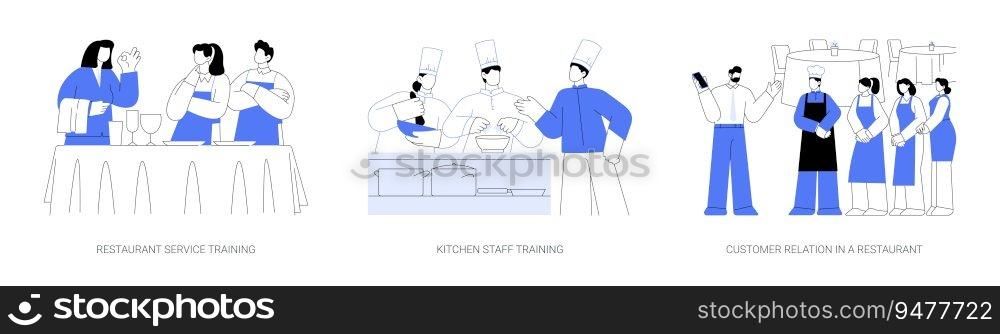 Restaurant staff training abstract concept vector illustration set. Restaurant service training, kitchen staff course, customer relation in a horeca business, cooking master class abstract metaphor.. Restaurant staff training abstract concept vector illustrations.