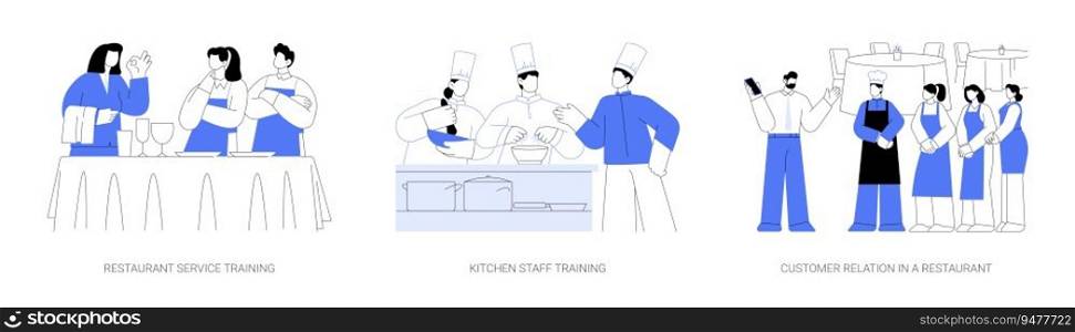 Restaurant staff training abstract concept vector illustration set. Restaurant service training, kitchen staff course, customer relation in a horeca business, cooking master class abstract metaphor.. Restaurant staff training abstract concept vector illustrations.