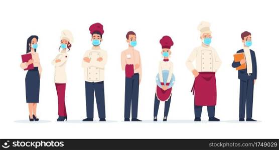 Restaurant stuff. Cartoon workers wear protective face masks. Isolated standing in row cafe managers and cookers, waitress or waiter. Career and occupation. Vector hospitable cute employees set. Restaurant stuff. Workers wear protective face masks. Isolated standing in row cafe managers and cookers, waitress or waiter. Career and occupation. Vector hospitable employees set