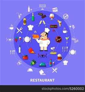 Restaurant Symbols Round Composition. Restaurant circle composition with cartoon cook character surrounded by flat emoji icons dishes and pictogram signs vector illustration