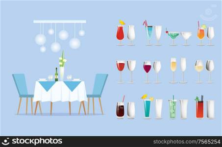 Restaurant table and cocktail or wine glasses vector. Diner setting, furniture and flowers in vase, drinks containers or dishware, beverages or alcohol. Restaurant Table and Cocktail or Wine Glasses