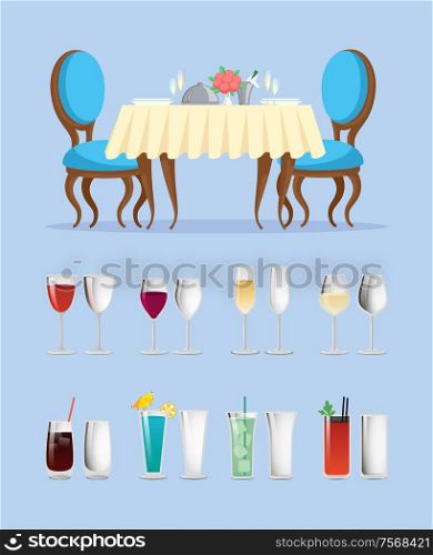 Restaurant table and glassware with cocktails vector. Dinner setting and alcohol drinks or wine glasses, furniture and beverages in containers, cutlery. Restaurant Table and Glassware with Cocktails