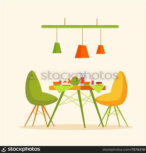 Restaurant table with cakes and desserts dinner vector. Desk with donut and kettle, teapot with water and glasses, mugs with sweet food cafe interior. Restaurant Interior, Cakes and Desserts Dishes