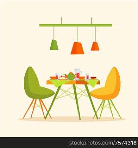 Restaurant table with cakes and desserts dinner vector. Desk with donut and kettle, teapot with water and glasses, mugs with sweet food cafe interior. Restaurant Interior, Cakes and Desserts Dishes