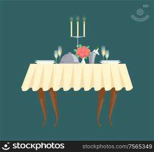 Restaurant table with candlestick and cutlery vector icon. Plates with glasses and bouquet, champagne in bucket with ice, romantic dinner or banquet. Restaurant Table with Candlestick and Cutlery Icon